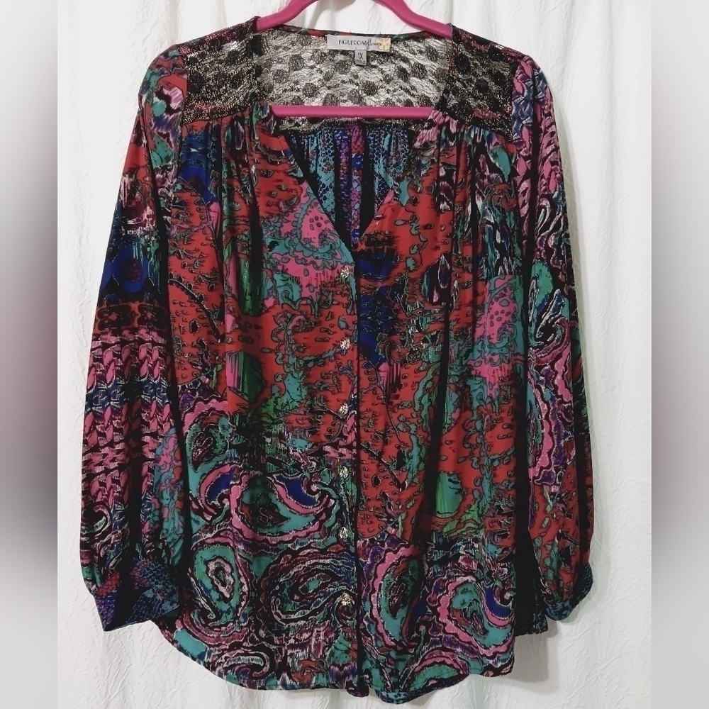 SNAKE PRINT EMBROIDERED & EMBELLISHED BLOUSE TOP Size 1X